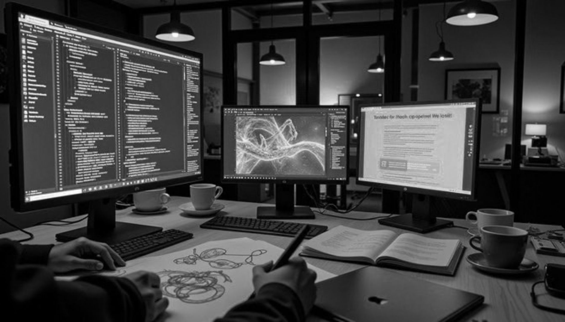 Web developer working across multiple computer screens on website design, coding, and development