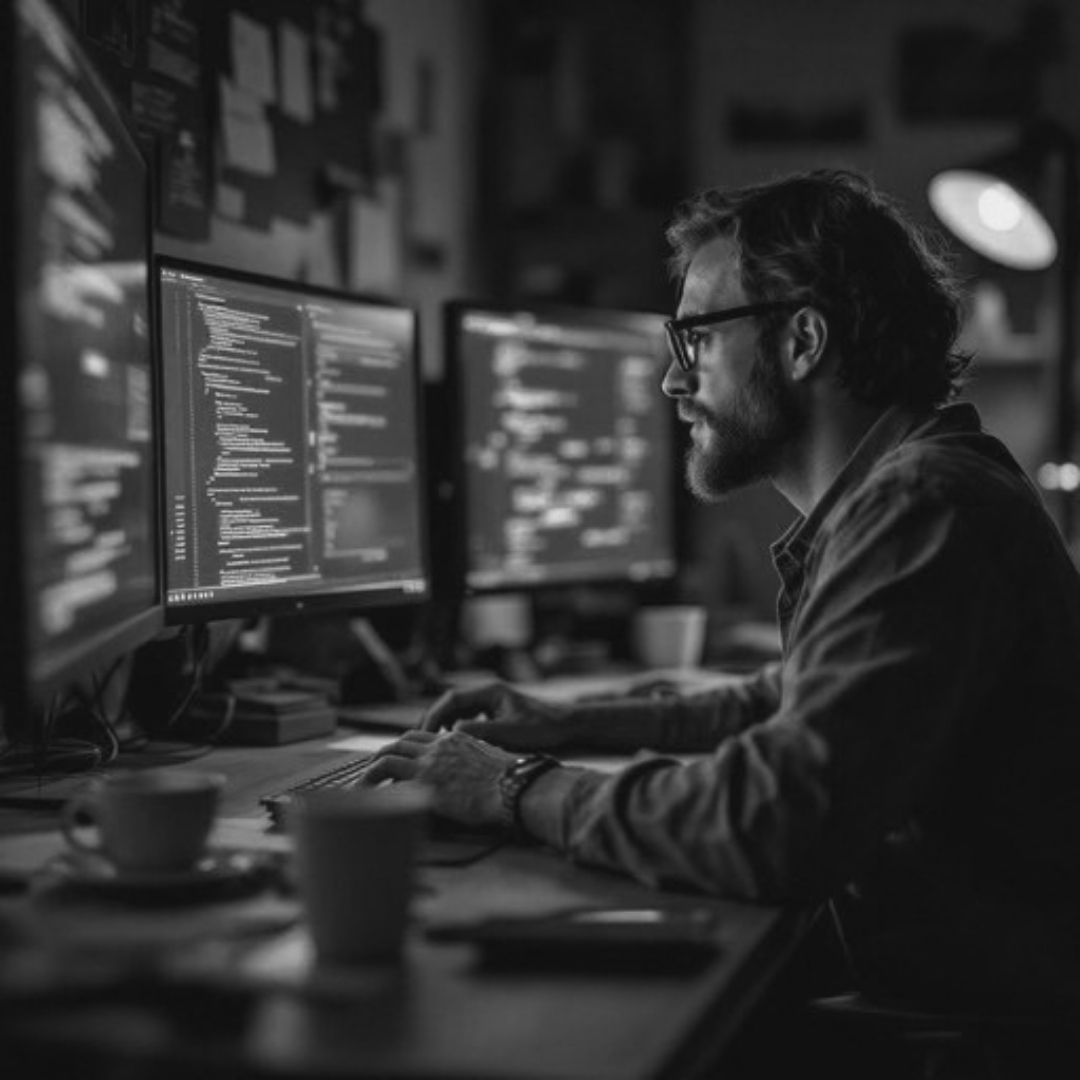 Web developer coding and building a website on multiple computer monitors