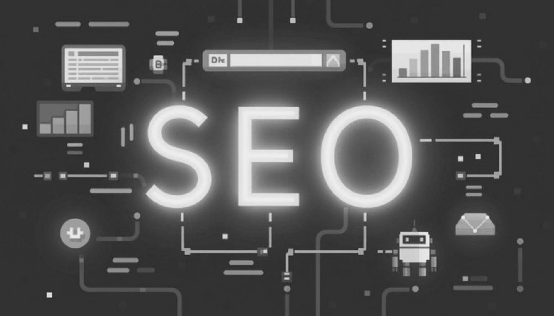 SEO graphic representing search engine optimization, website rankings, analytics, and online visibility