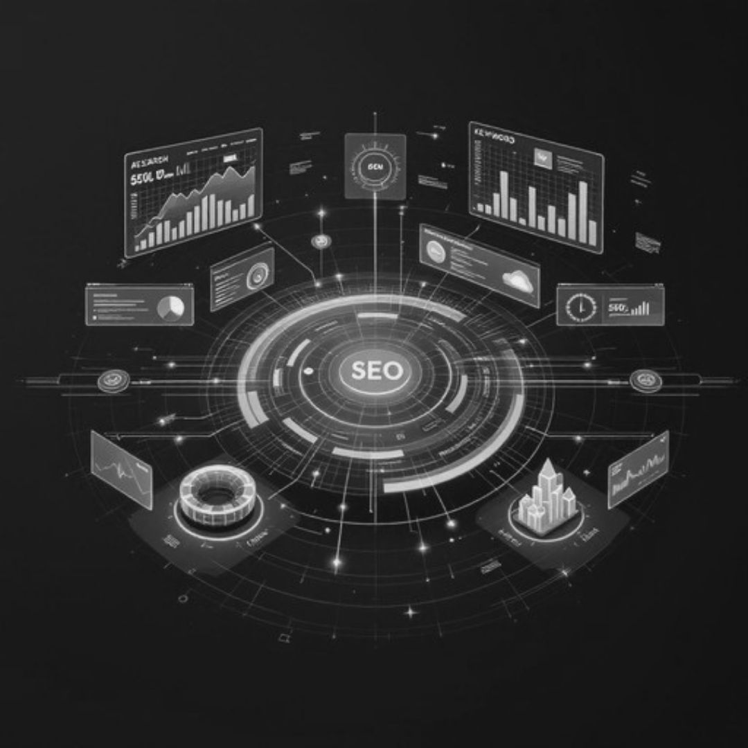 SEO analytics graphic showing search engine optimization data, website performance metrics, and ranking insights