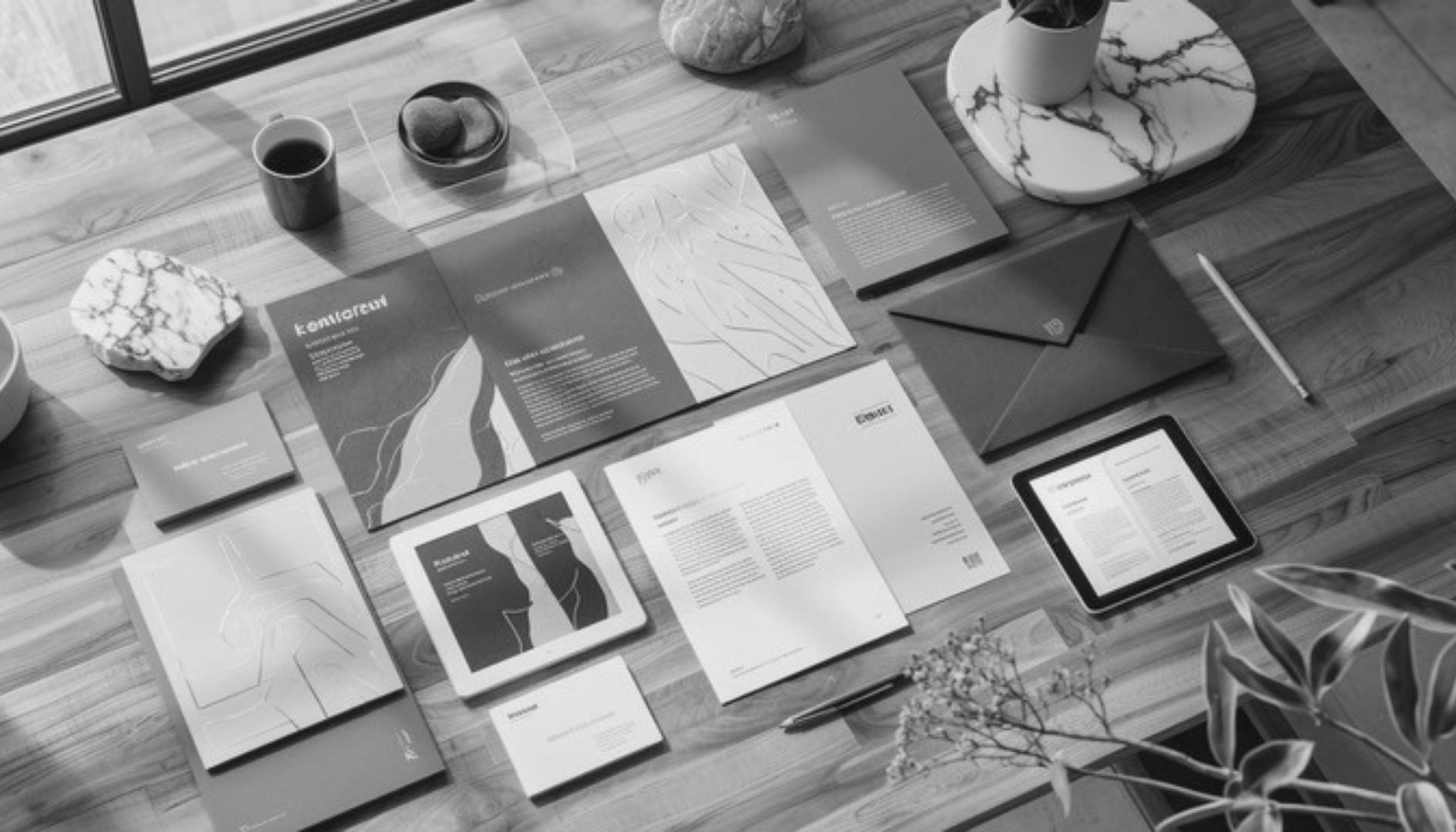 Branded brochures, business cards, and printed marketing materials arranged on a desk