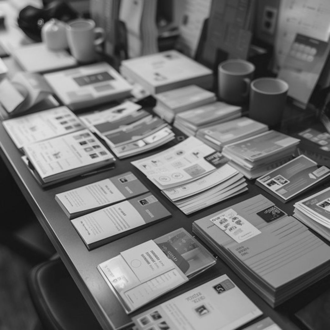 Assortment of professionally designed brochures, flyers, business cards, and other printed marketing materials