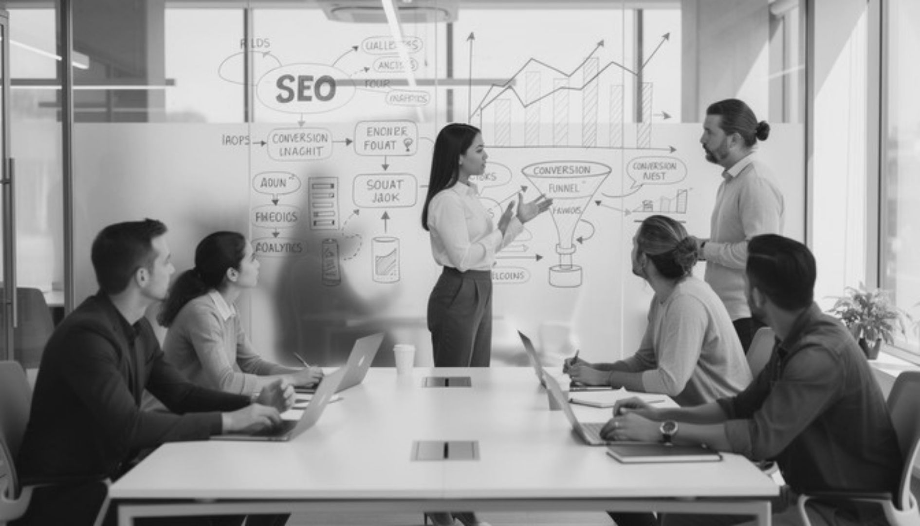 Business team discussing SEO and marketing strategy during a consulting meeting
