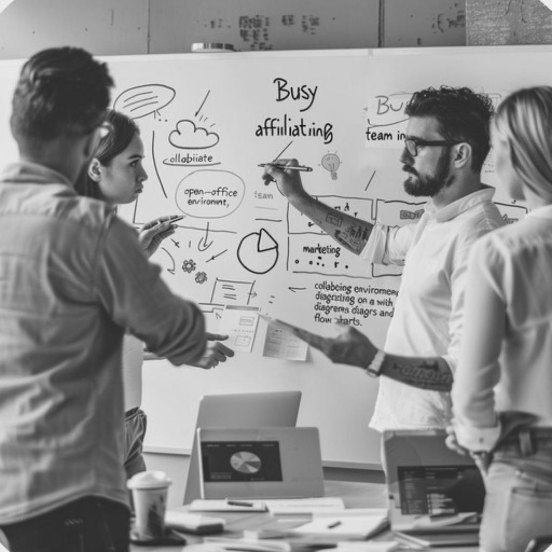 Marketing consultants reviewing business strategy, audience targeting, and campaign ideas on a whiteboard
