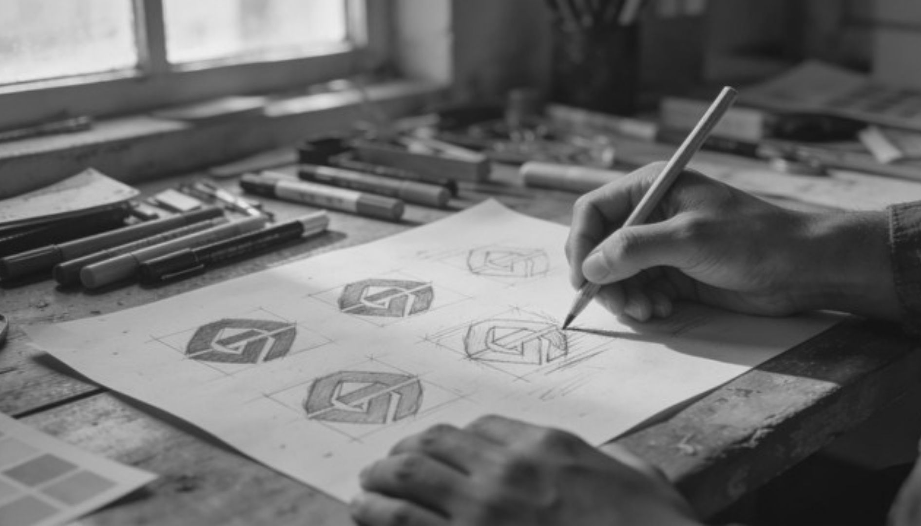 Designer sketching custom logo concepts for a business branding project